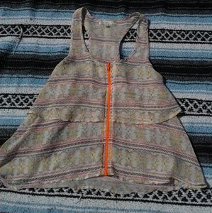 Patterned Orange Zipper Flowy Tank